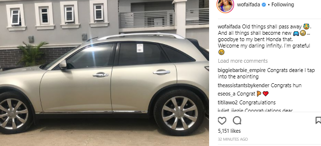 Actress, Wofai shows off her newly acquired Honda Infinity car