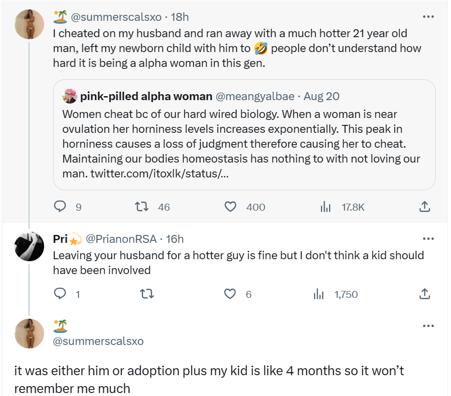 Lady reveals that she abandoned her 4-month-old child with her husband to elope with a 21-year-old hotter man because she is an 