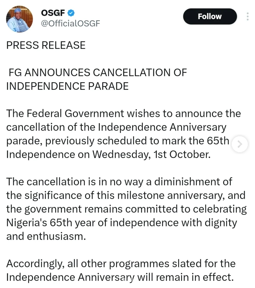 Federal Government cancels 65th Independence Day parade