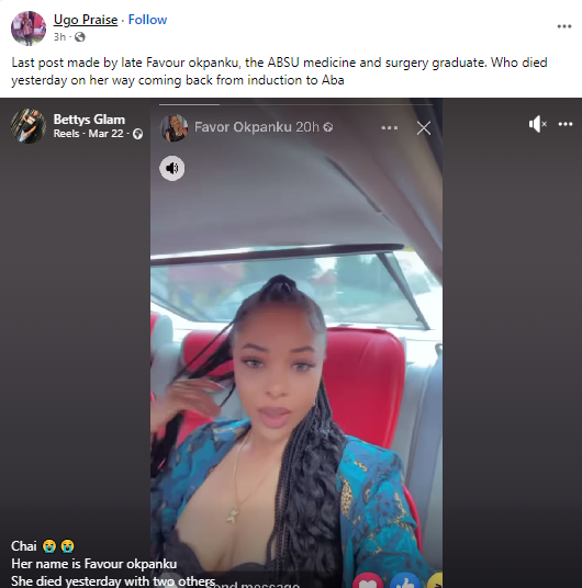 Final video shared by ABSU medical student from a car moments before she died in the same car emerges