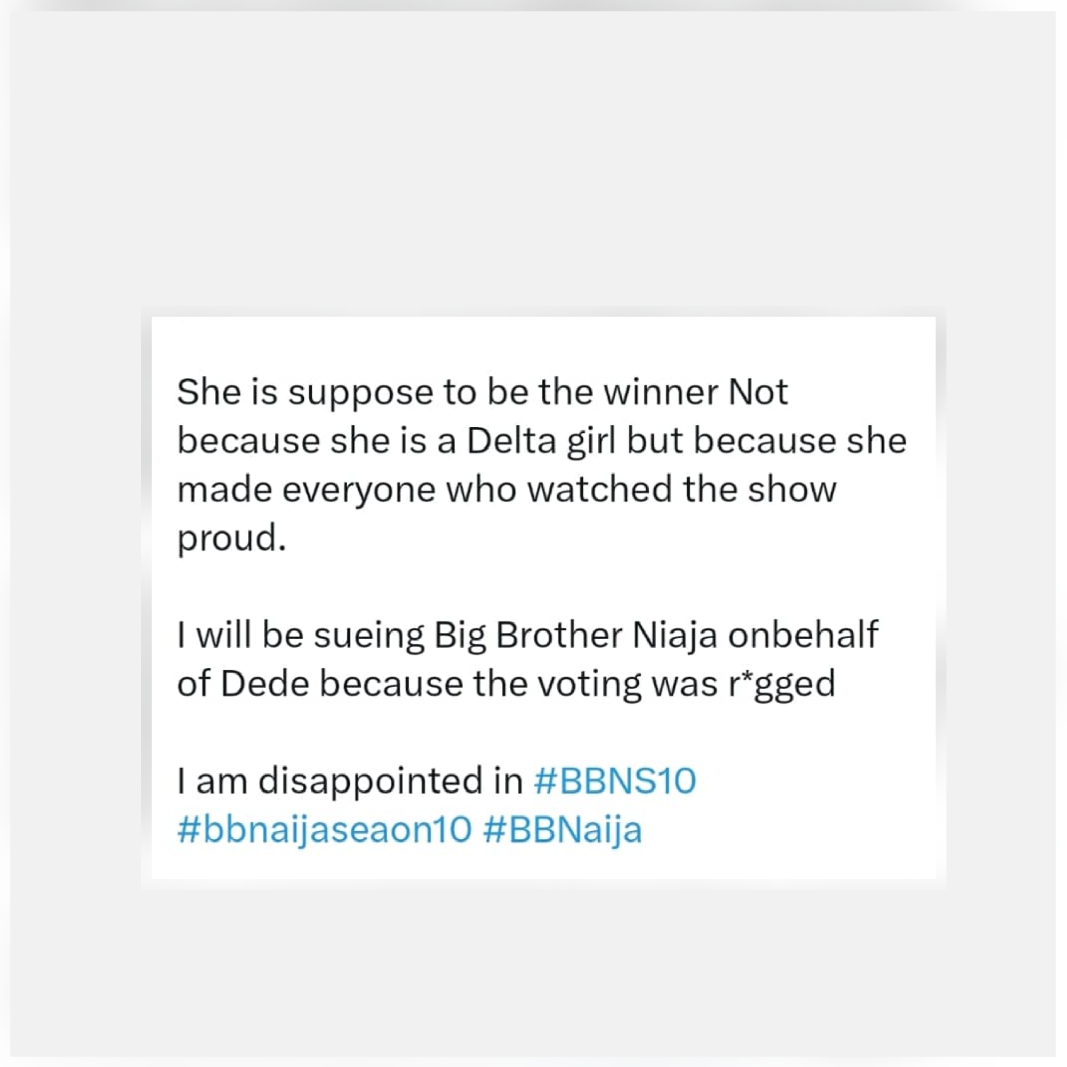 Aide to Delta State Governor, Ossai Ovie Success, accuses BBNaija organisers of rigging after Dede loses