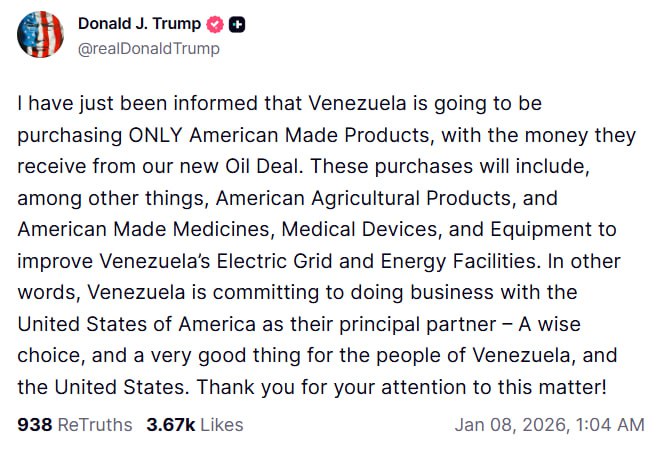 Venezuela must buy only made in America products with money made from oil deal, Trump says