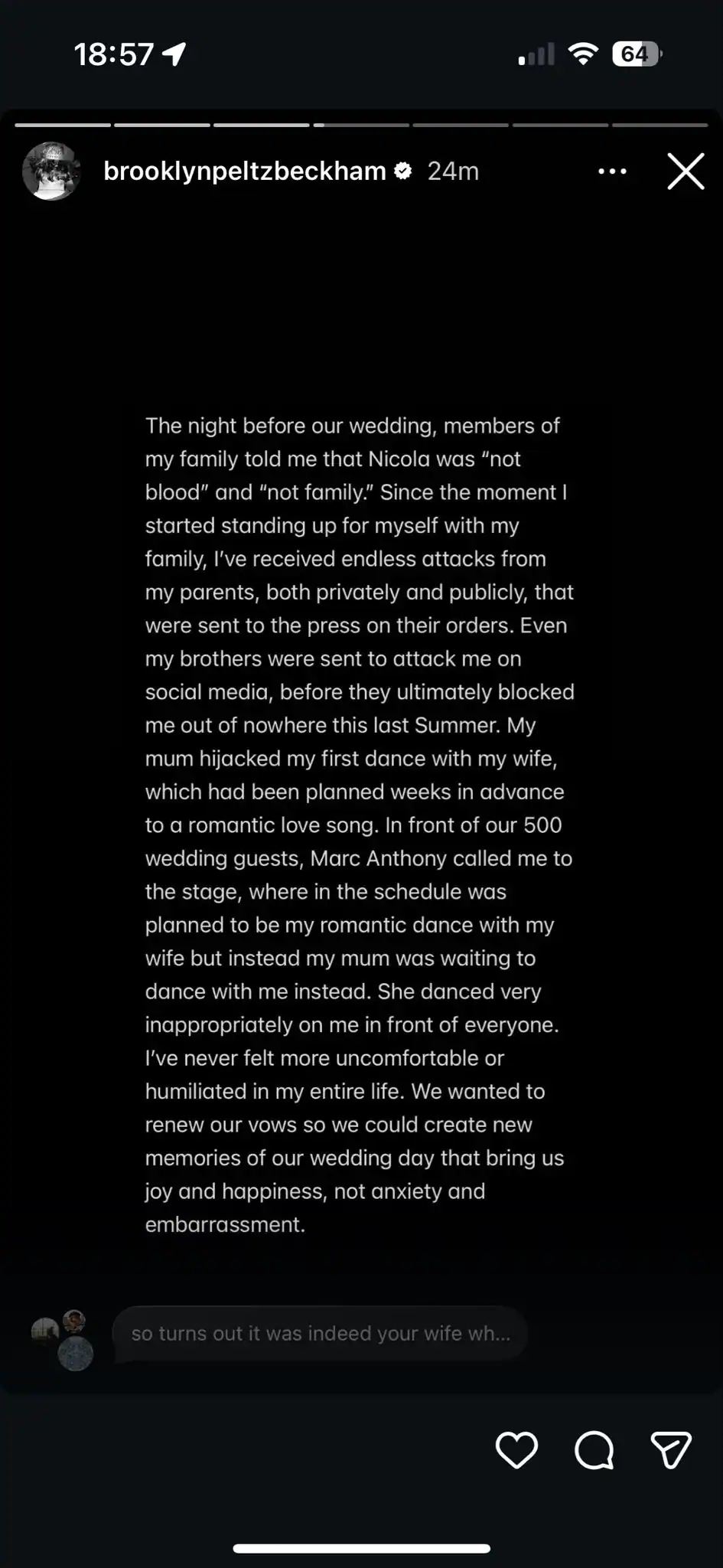 Brooklyn Beckham rejects reconciliation with his parents as he accuses Victoria and David Beckham of trying to ruin his marriage, humiliating him and causing him crippling anxiety