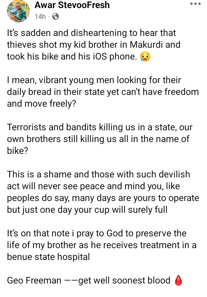 Armed robbers shoot young man, cart away his motorcycle and phone in Makurdi