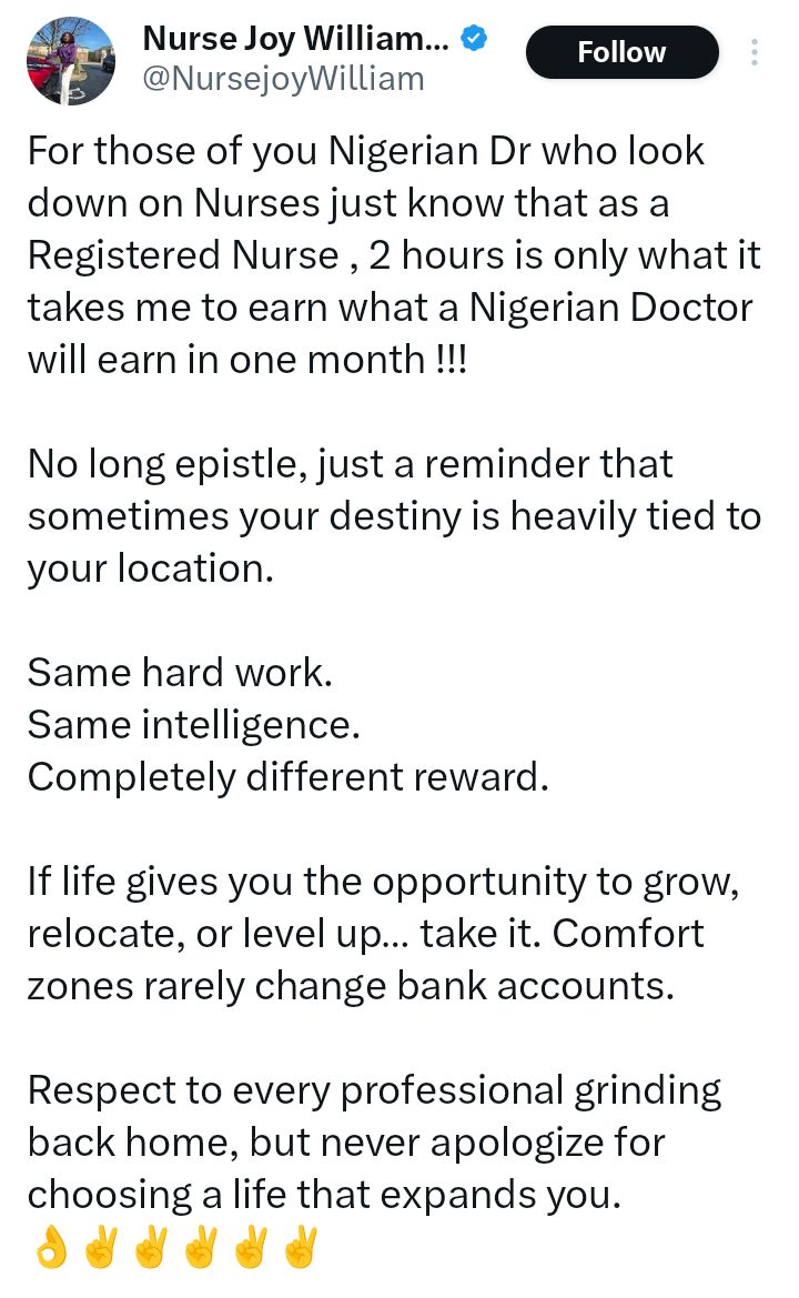It takes me only 2 hours to earn your monthly salary - US-based Nigerian registered nurse addresses Nigerian doctors who 'look down on nurses'