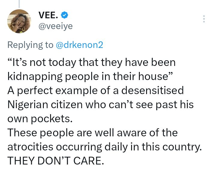 "A perfect example of a desensitised Nigerian citizen who canât see past his own pockets - BBNaija star Vee Iye slams comedian Seyi Law