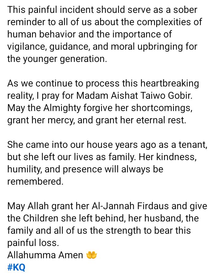 She took him into her home after his mother d!ed and cared for him like her own child - Man mourns family friend m8rdered by her 15-year-old nephew in Kwara