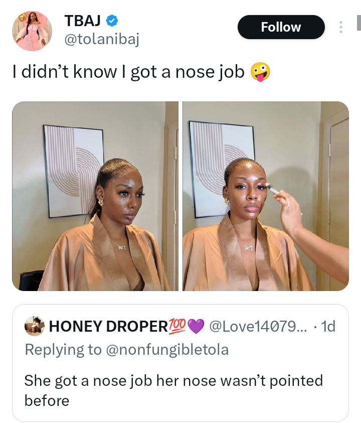 Big Brother Naija star, TolaniBaj reacts to claims she had a nose job