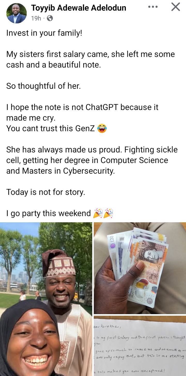 Invest in your family - Nigerian man advises people after his sister gave him part of her first salary