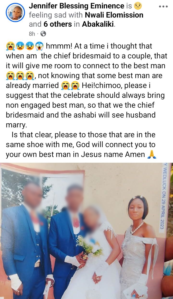 Nigerian lady who served as chief bridesmaid recalls her disappointment after the best man turned out to be married