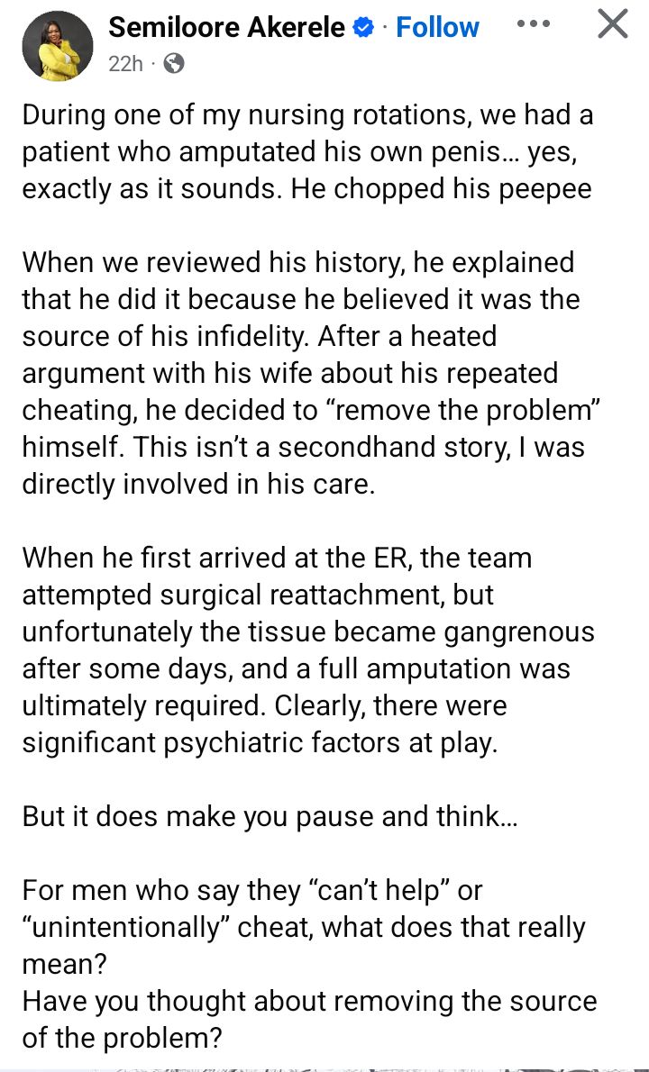 Have you thought about removing the source of your problem - Mental health nurse practitioner addresses cheating men after a patient chopped off his p3nis