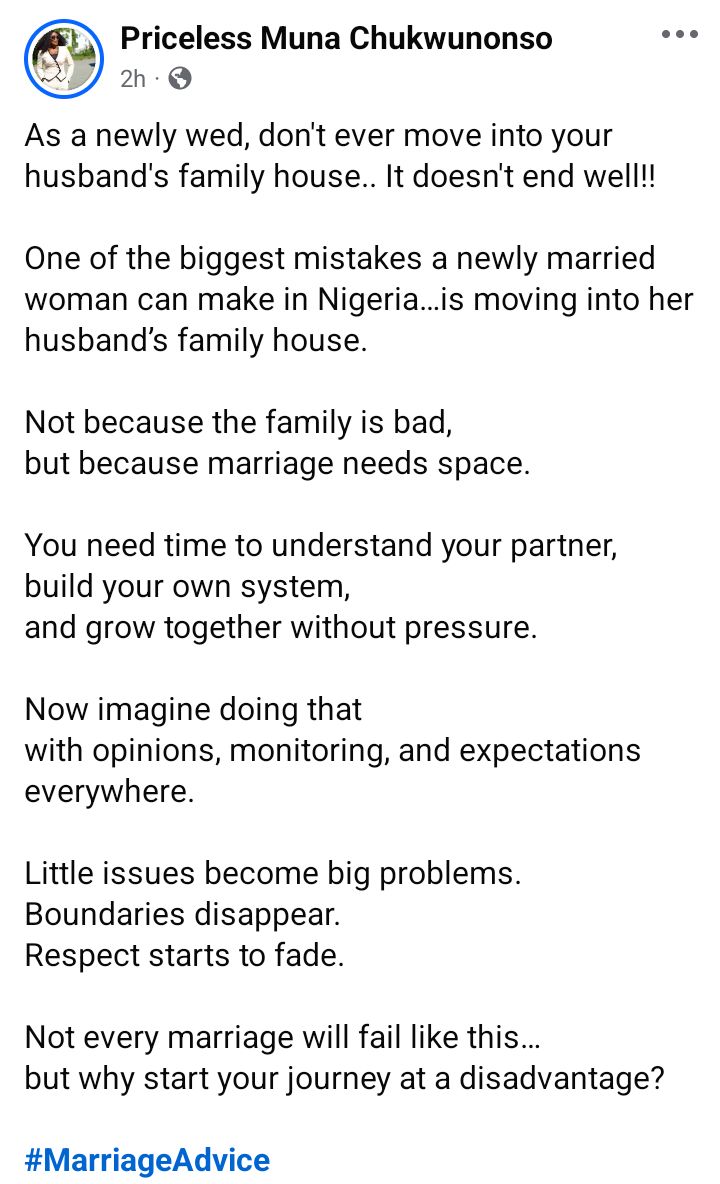 One of the biggest mistakes a newly married woman can make in Nigeria is moving into her husbandâs family house - Lady says
