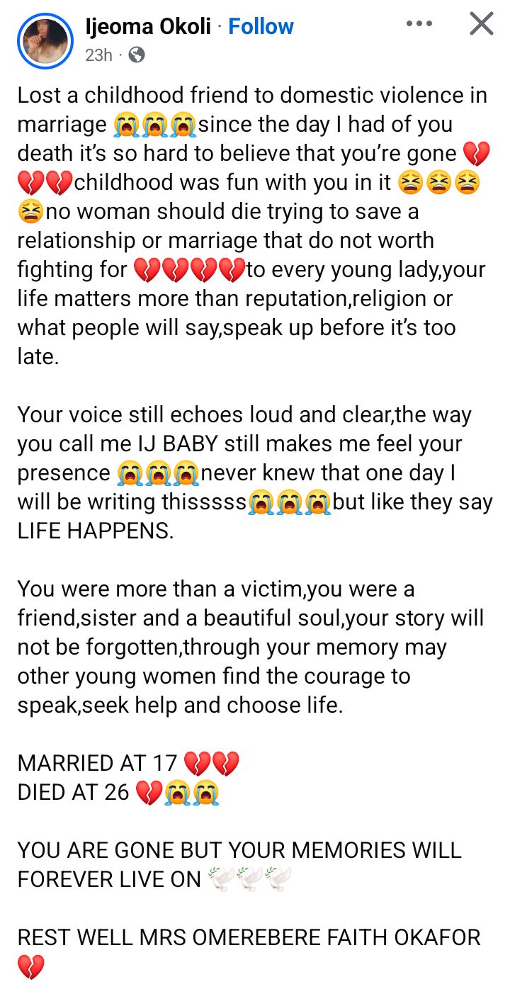May other women find the courage to choose life - Nigerian woman mourns childhood friend who allegedly d!ed of domestic violence