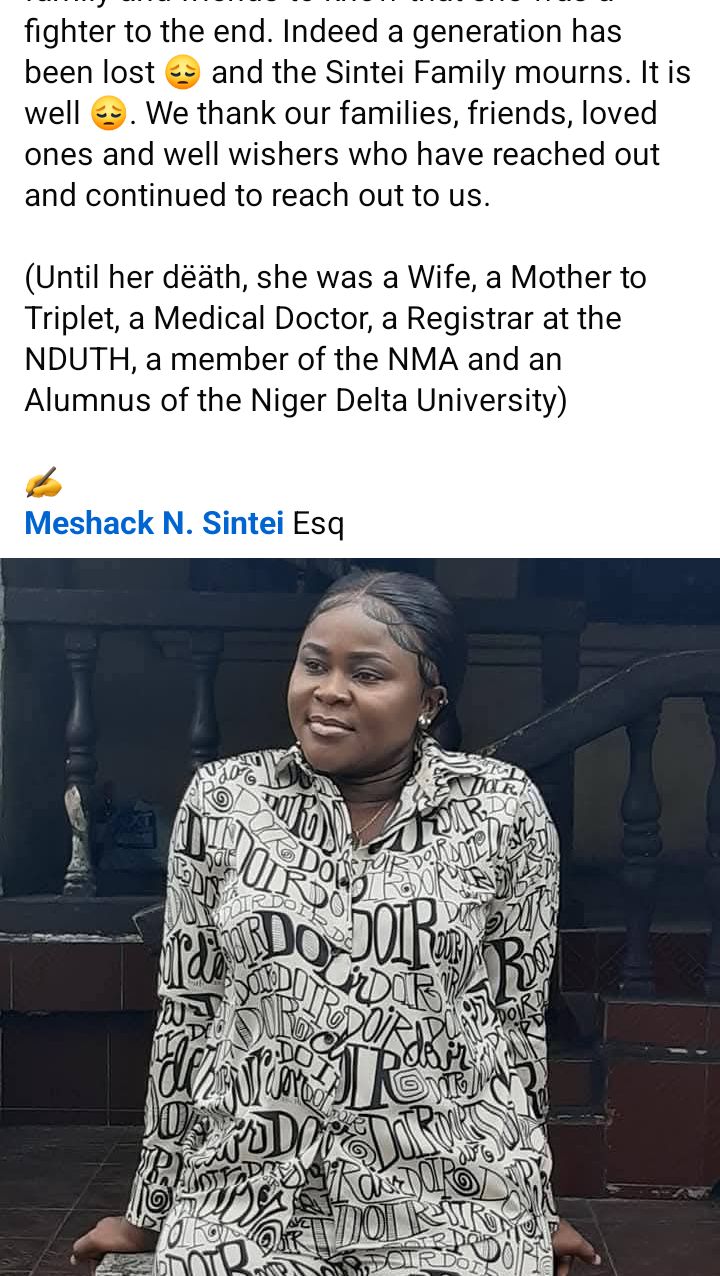 Medical doctor d!es after giving birth to triplets in Bayelsa hospital