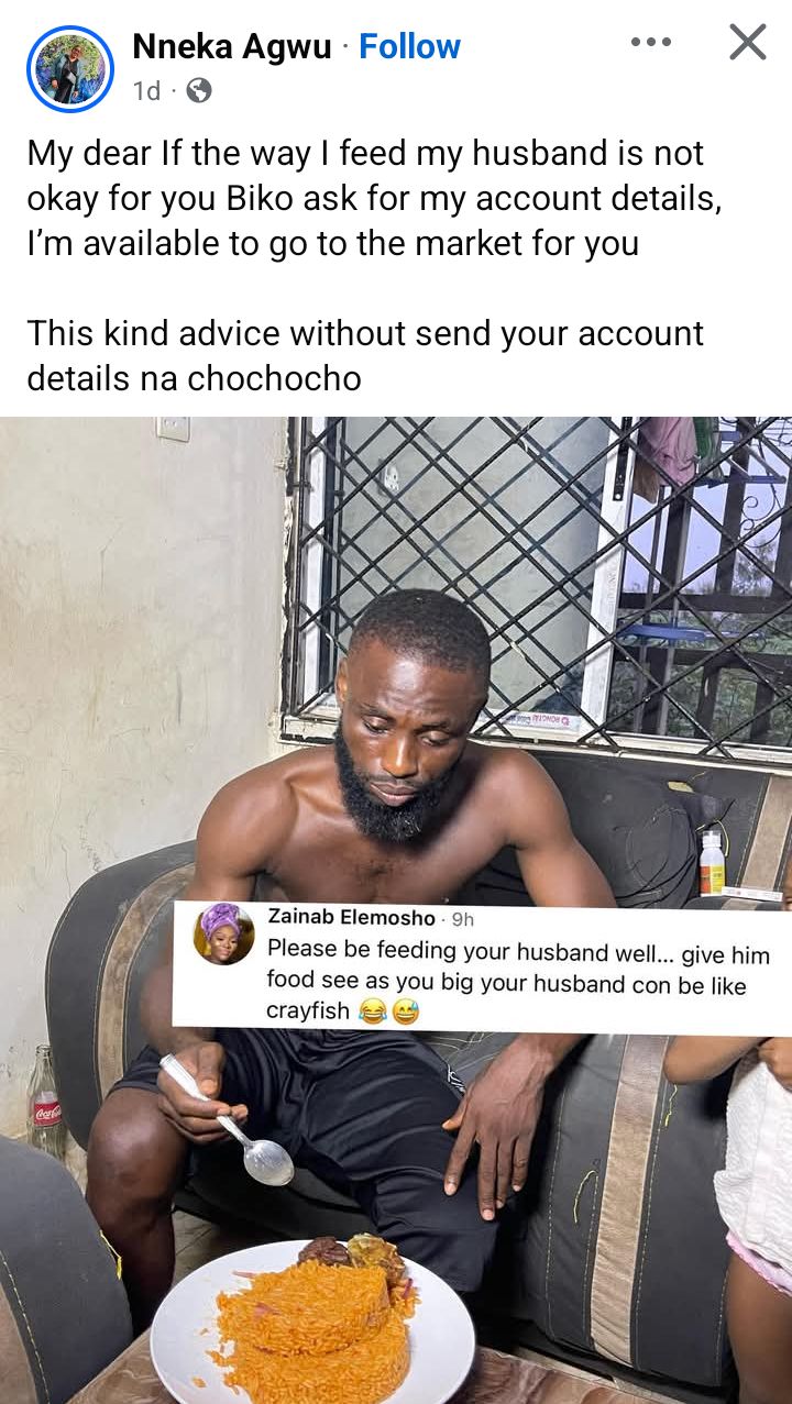 Nigerian woman fires back at lady who said her husband looks like crayfish because she doesn't feed him well