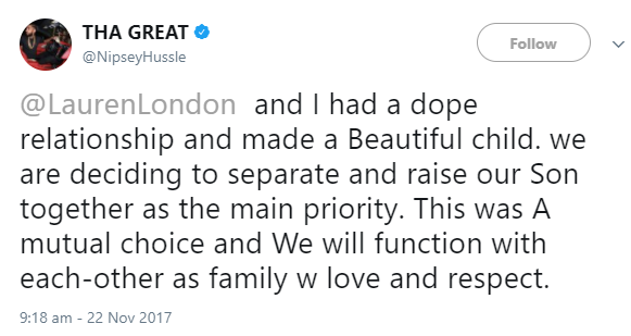 Lauren London & Nispey Hussle announce breakup