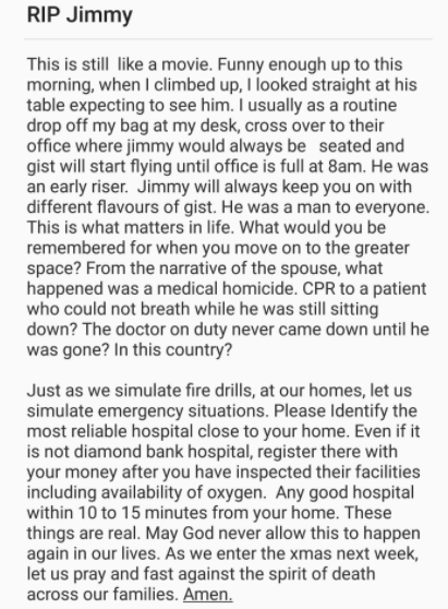 Man dies in Lagos hopital after being administered CPR while sitting 