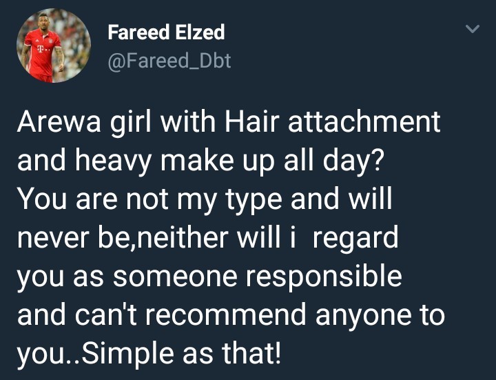 Male Twitter user says Arewa girls who use makeup and attachment are irresponsible