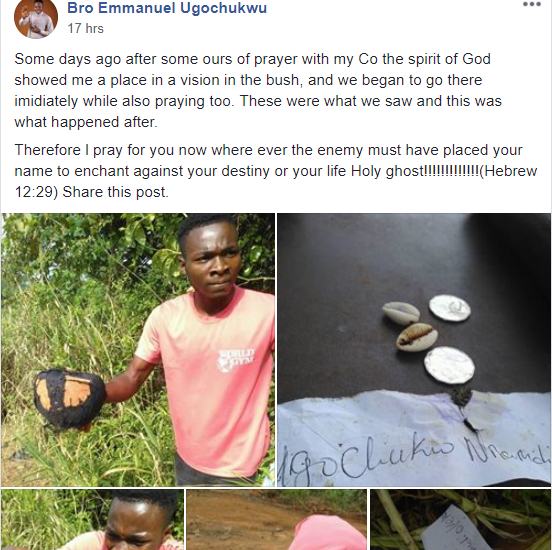Pastor shares photos of the fetish items and name he found after God led him to a bush in Anambra state (photos)