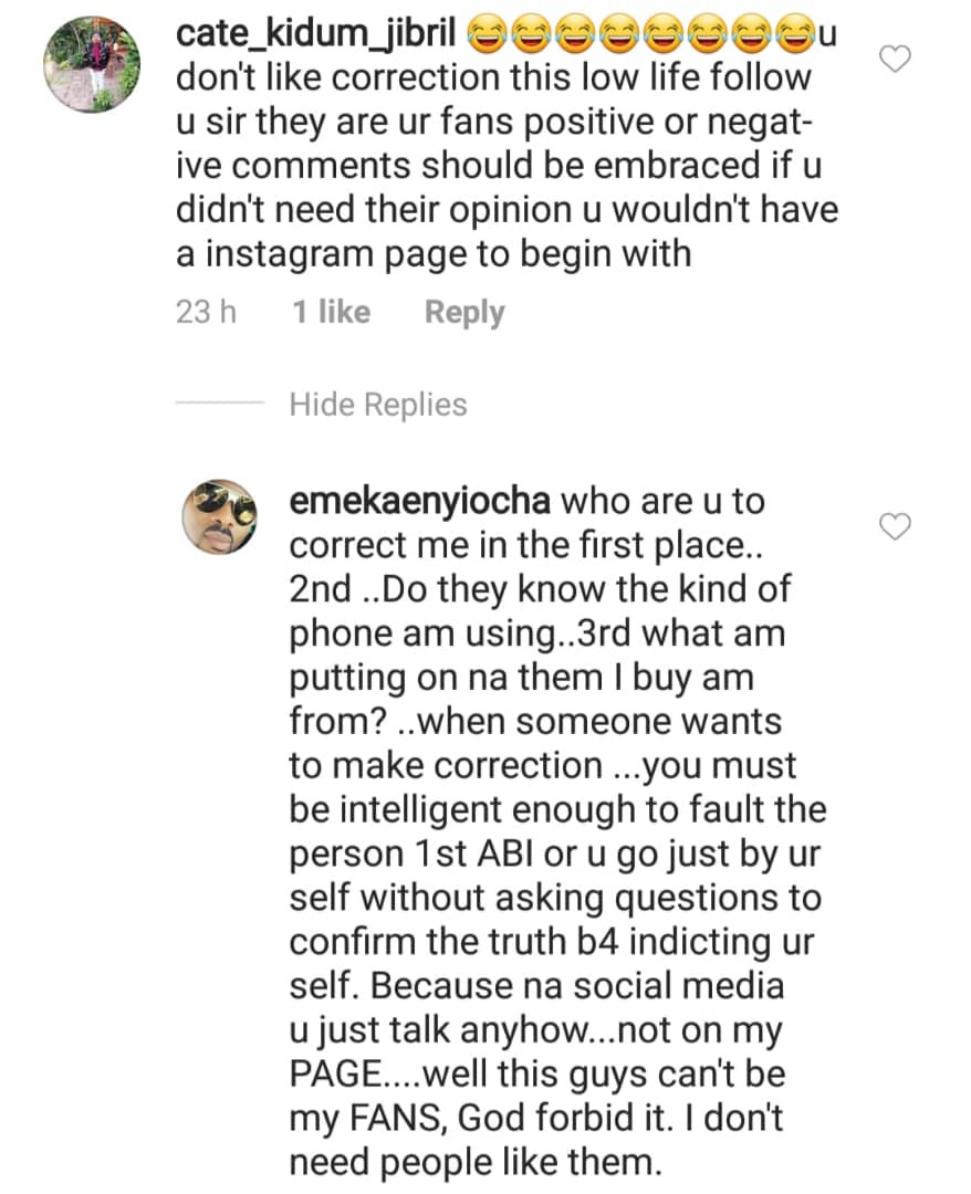 Actor Emeka Enyiocha clashes with IG users who called him out for using 
