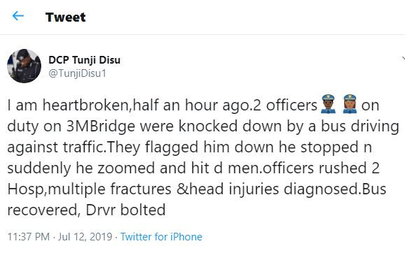 Two police officers suffer?multiple fractures and head injuries after getting knocked down by a bus driver driving against traffic on third mainland bridge