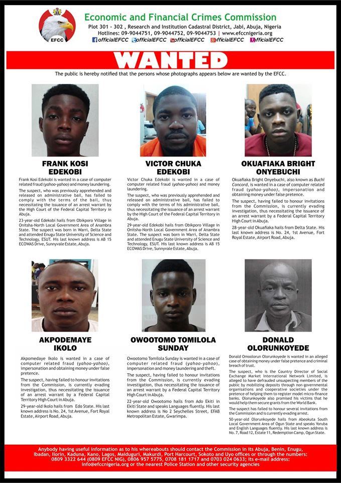 EFCC declares six men wanted for various financial crimes, jumping bail (photos)