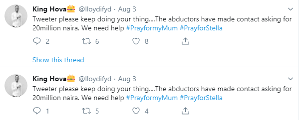 Nigerian man shares news of kidnapped mum