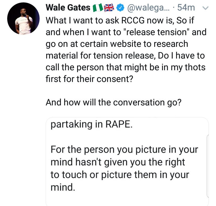 RCCG counsellor says masturbating while thinking about a certain person is rape; Wale Gates reacts