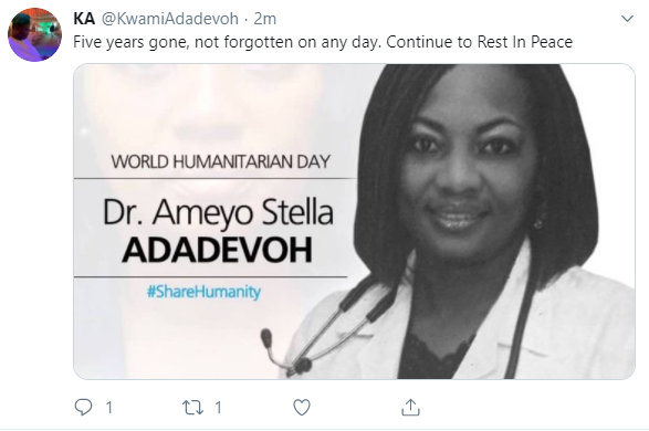 "Not forgotten on any day" Kwami Adadevoh remembers Dr. Stella Ameyo Adadevoh on the 5th anniversary of her passing