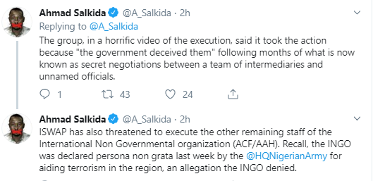 ISWAP has executed one of the abducted male aid workers - Ahmad Salkida