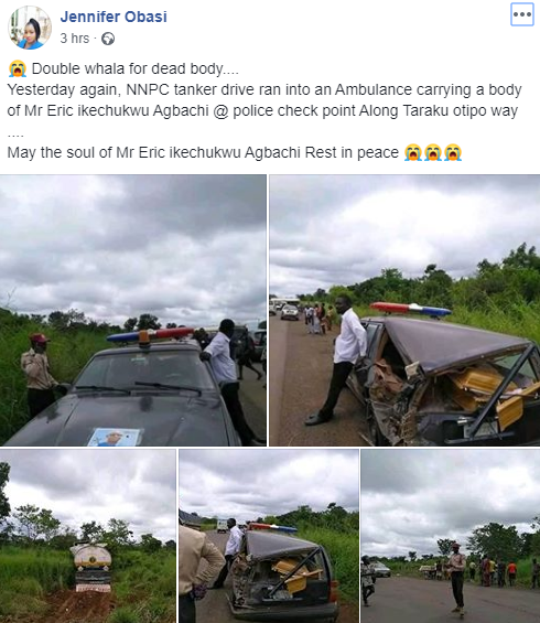 Photos: Petrol tanker rams into hearse in Benue