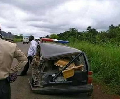 Photos: Petrol tanker rams into hearse in Benue