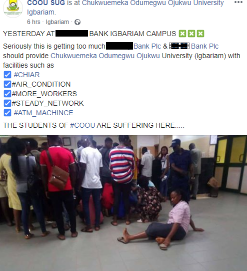 University students pictured sitting on the floor of a bank on campus due to lack of chairs for customers