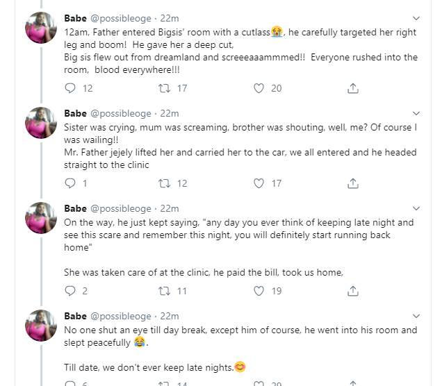 Nigerian lady narrates how her father macheted her sister for coming home late 