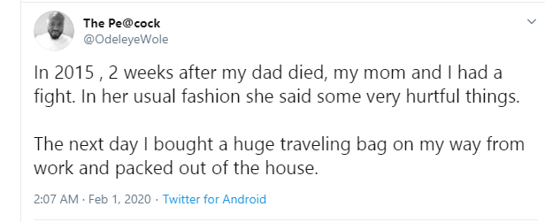 Twitter user recounts how he walked away from his mother, 2 weeks after his father