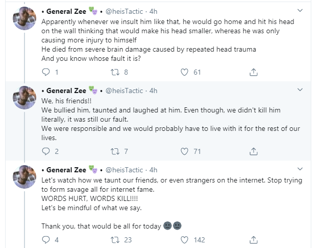 Twitter user narrates how he and others unknowingly bullied their friend to death 