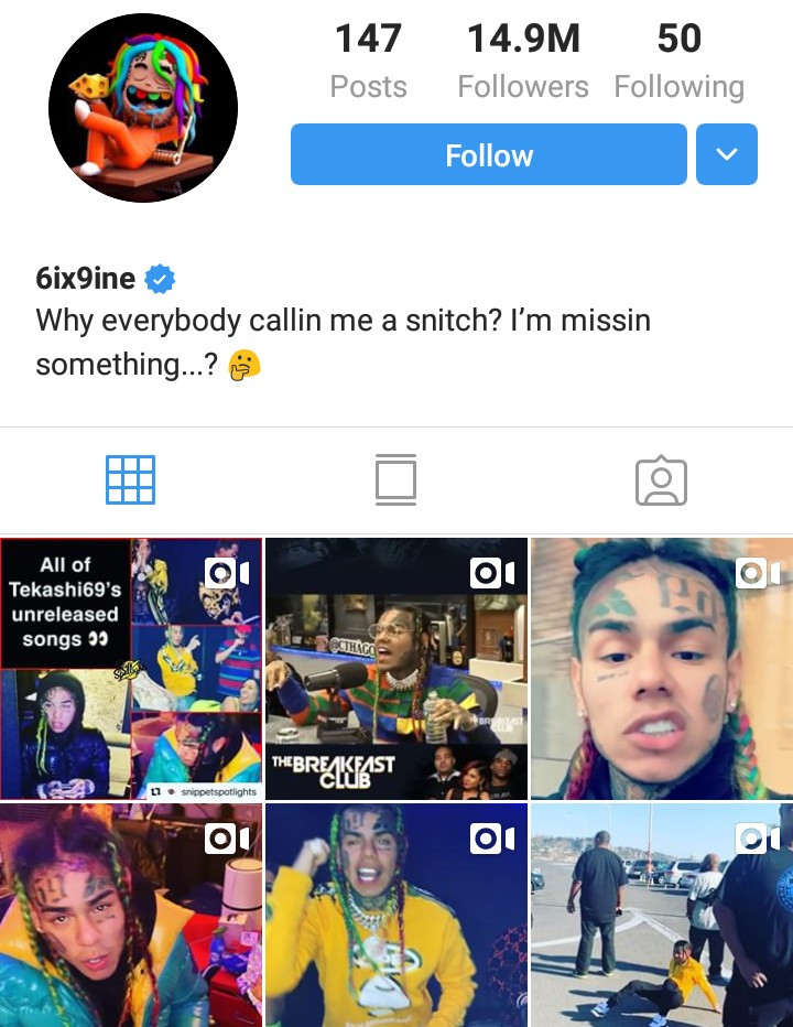 Tekashi 6ix9ine questions why everyone is calling him a snitch