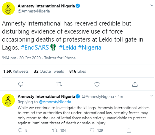 Banky W, Amnesty International, Linda Ejiofor and other Nigerians reacts after Lekki #EndSARS protesters were shot at by security operatives 