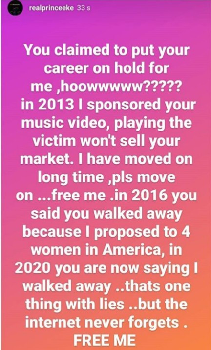 Prince Eke releases messages allegedly sent by ex-wife Muma Gee to ask him for forgiveness as he accuses her of 