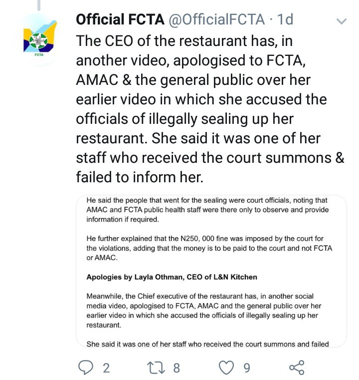 "The owner flouted a court order" FCTA reacts to video of a frustrated businesswoman who said her restaurant was sealed by AMAC 