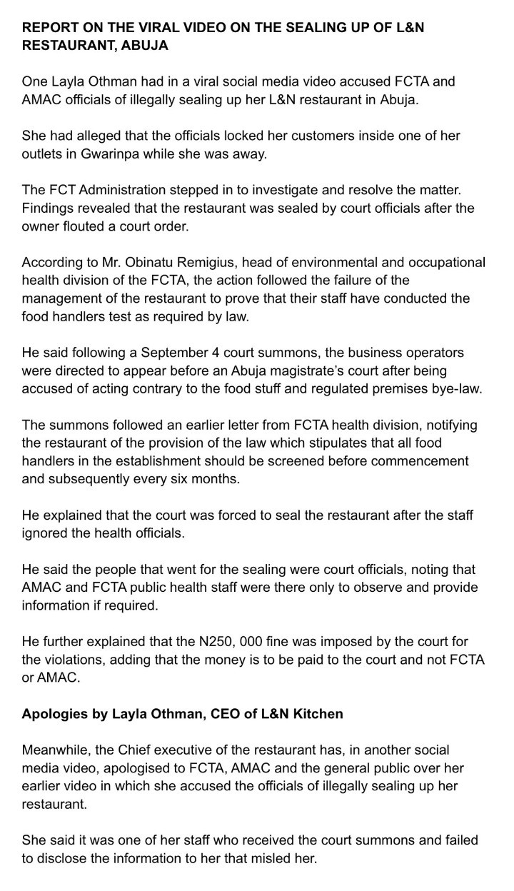 "The owner flouted a court order" FCTA reacts to video of a frustrated businesswoman who said her restaurant was sealed by AMAC 