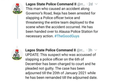 Man accused of slapping police officer in Lagos charged to court, remanded in custody till January 2021