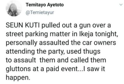 Journalist accuses singer Seun Kuti of pulling out a gun during an argument over parking space; He reacts