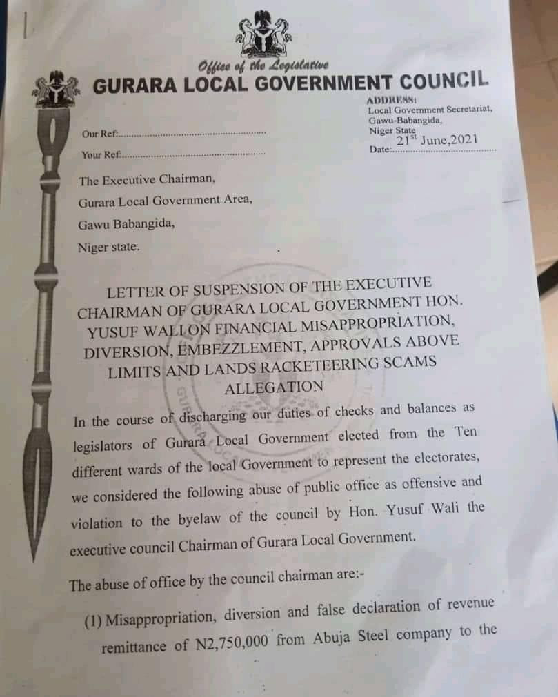 Councillors suspend Niger State LG chairman over alleged financial impropriety, embezzlement 