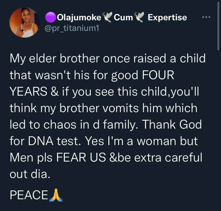 DNA Test: Nigerian lady narrates how her brother raised a child that wasn