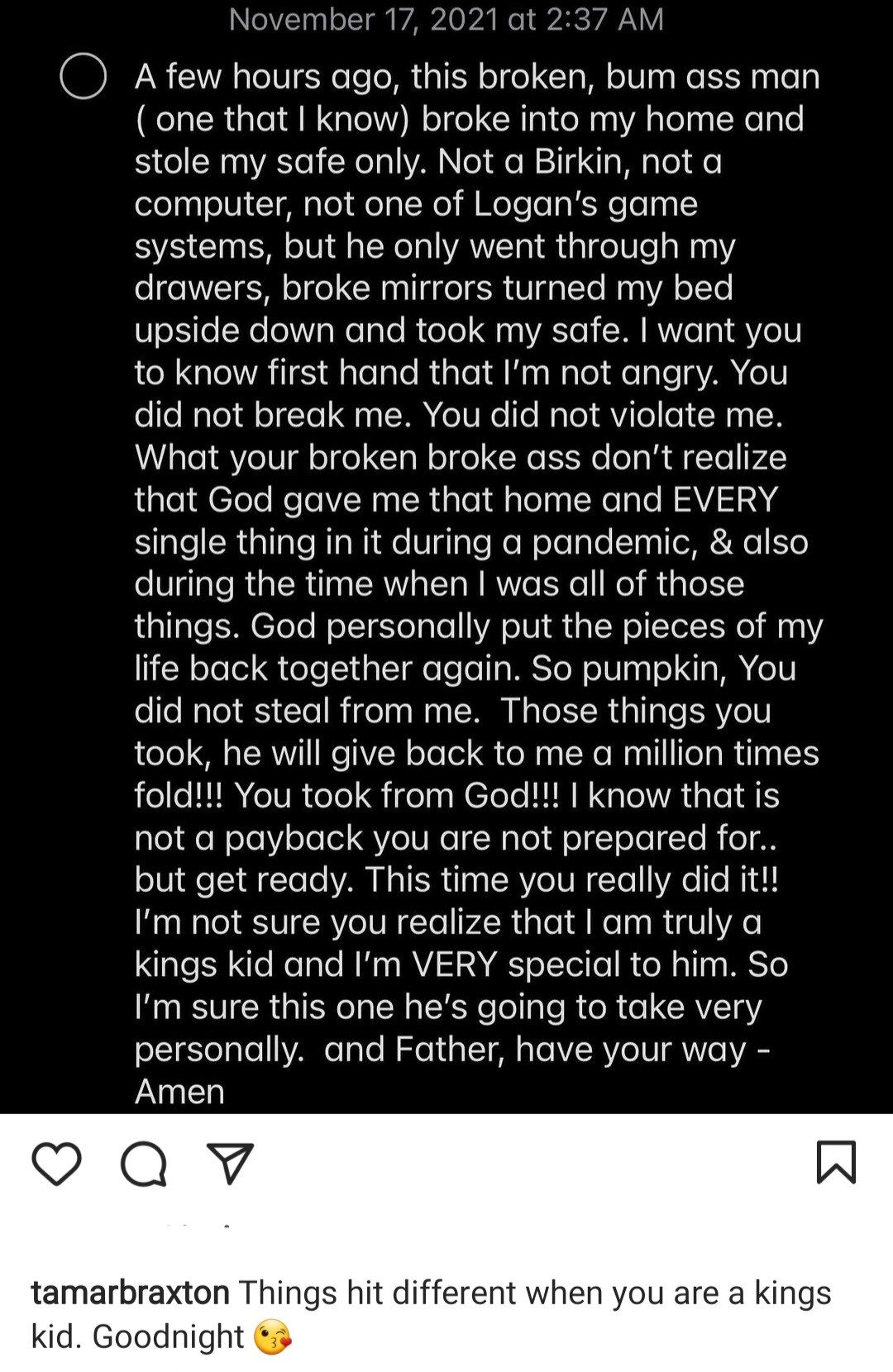 Tamar braxton reveals a man she knows broke into her house and robbed her