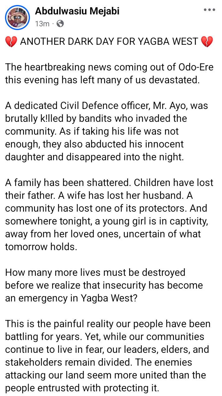NSCDC officer k!lled, daughter abducted as bandits attack Kogi community