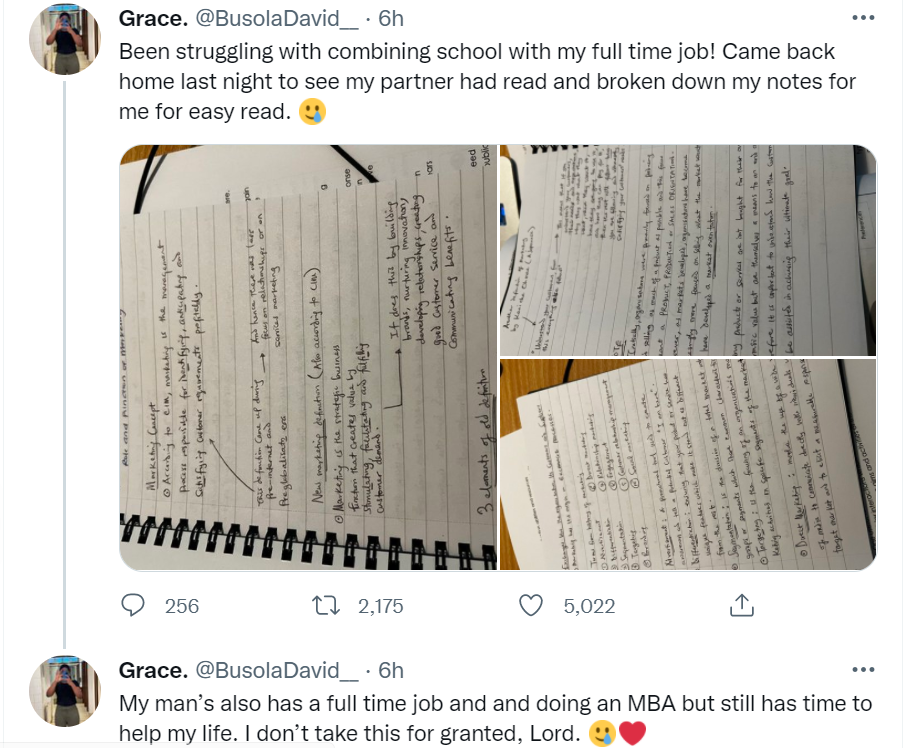 Nigerian lady combining school with my full time job shares the thoughtful thing her partner did for her 
