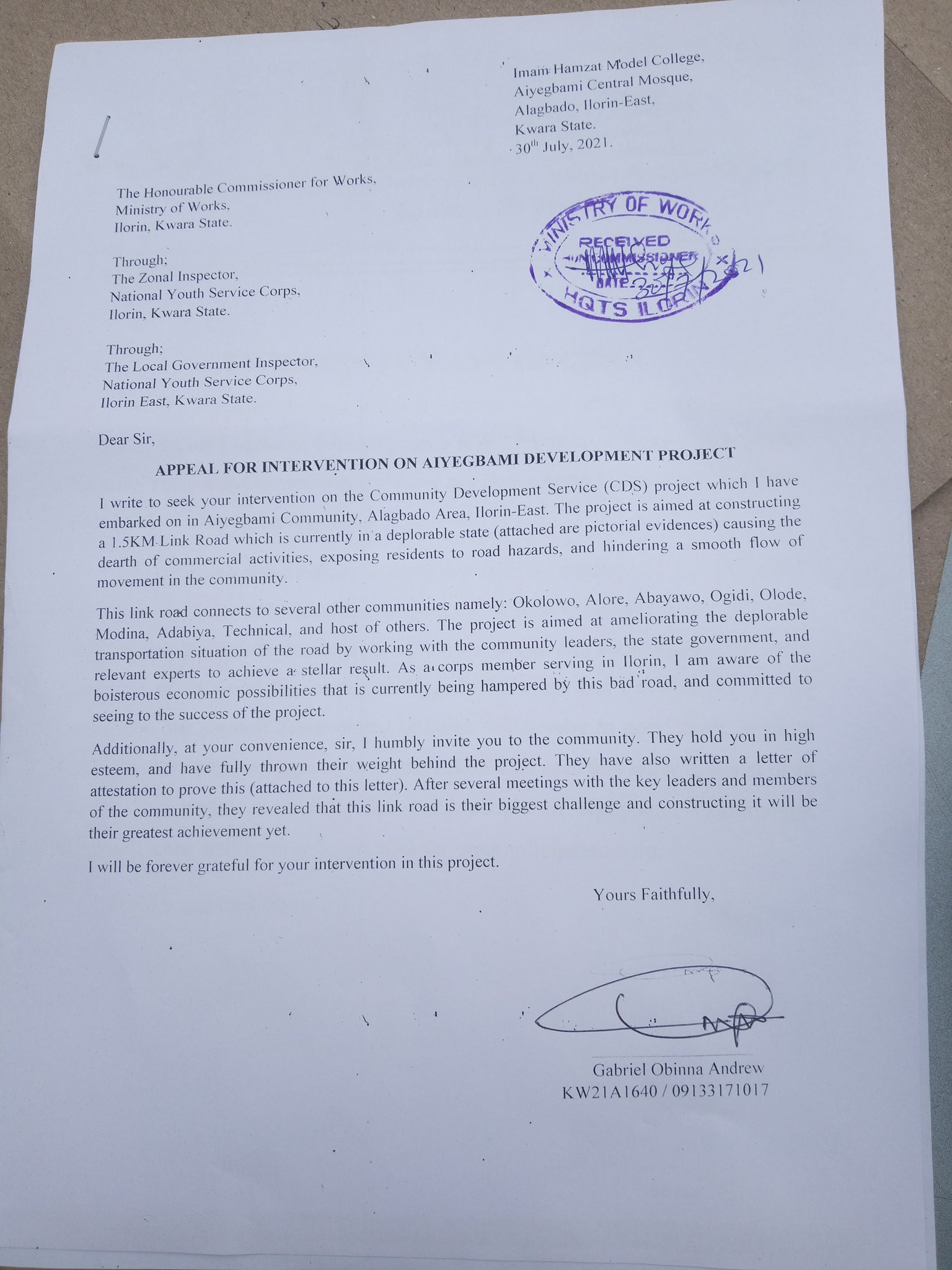 Corps member narrates how he was able to bring a road construction project to a community he was serving at 7