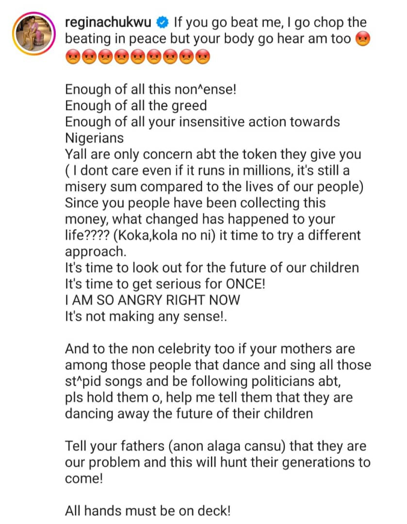 Actress Regina Chukwu vows to attack celebrities who campaign for "any of the old men who sold us to this present government"